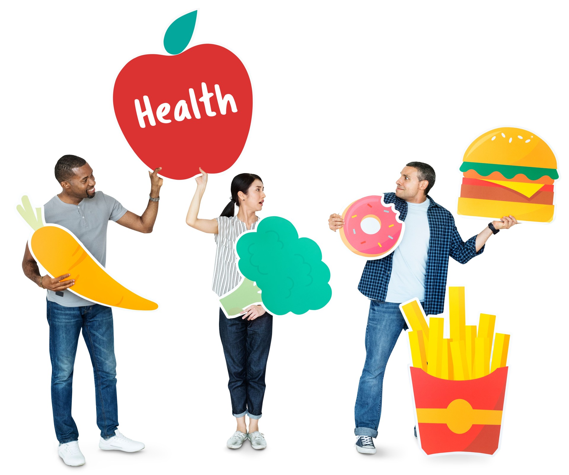 Group of diverse people with food icons